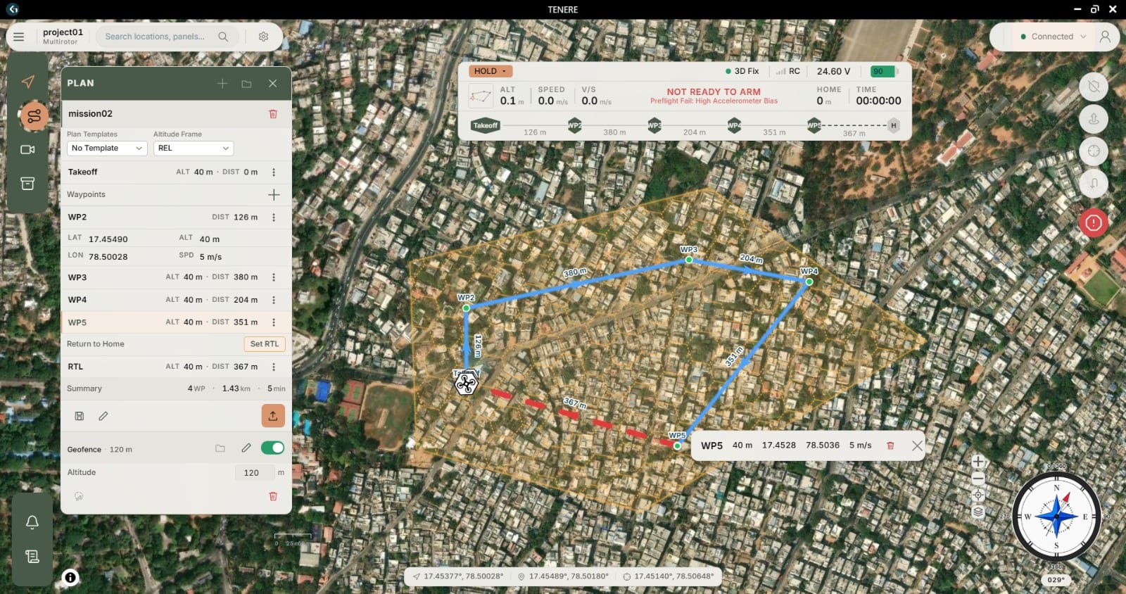 TENERE mission planning interface showing a waypoint route, geofence, and vehicle status over satellite imagery.