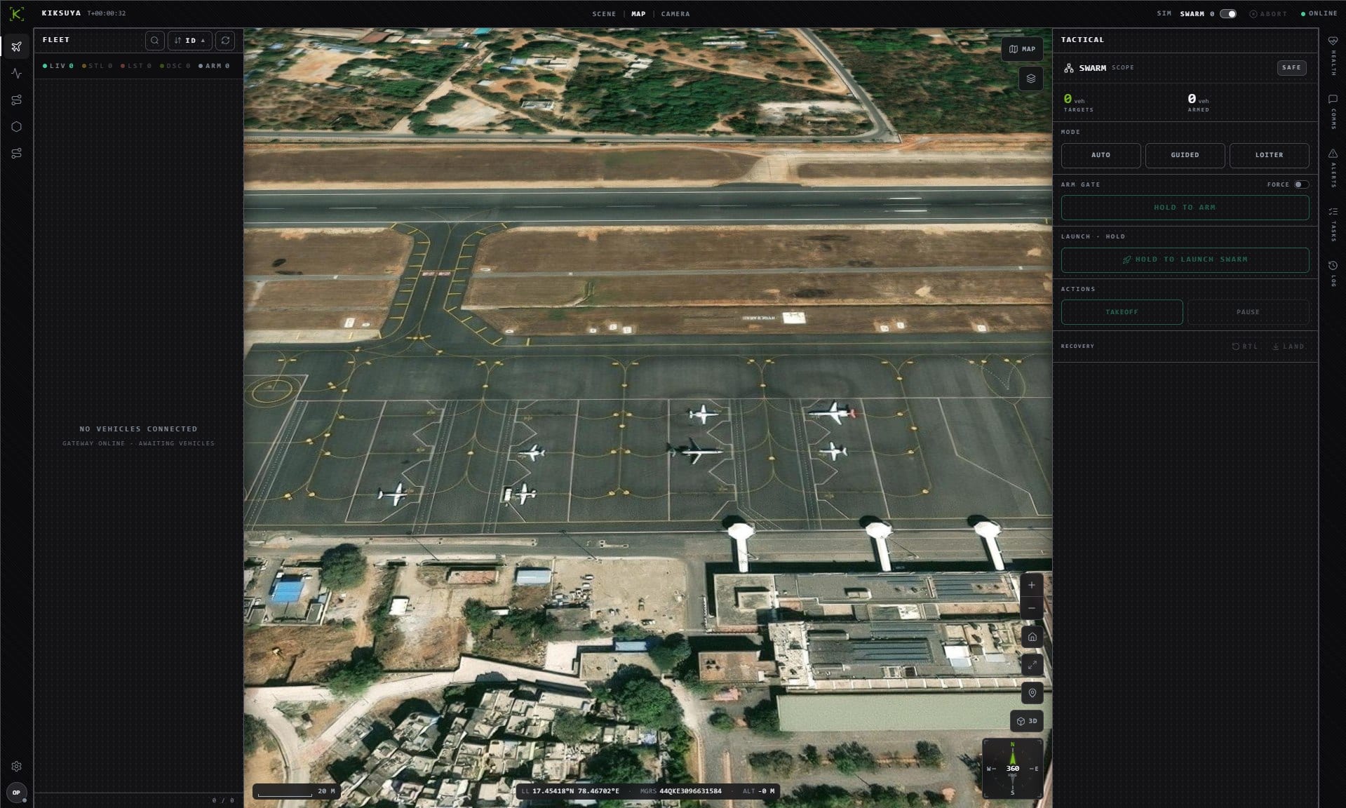 The TENERE mission composer over a live airfield, vehicles laid out on the map.