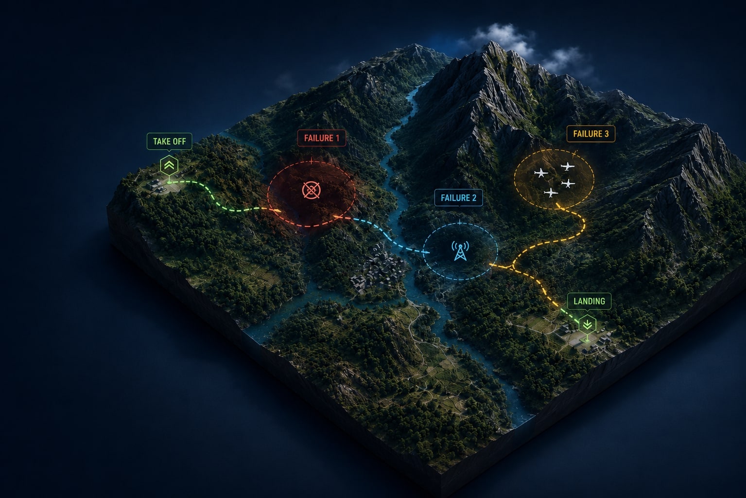 Night mission map: an isometric mountain terrain block with a dashed flight route from take off to landing. The route crosses three glowing fault zones - a red no-GPS area, a cyan comms-jammed area, and an amber sector with multiple aircraft in the air. The mission completes anyway.